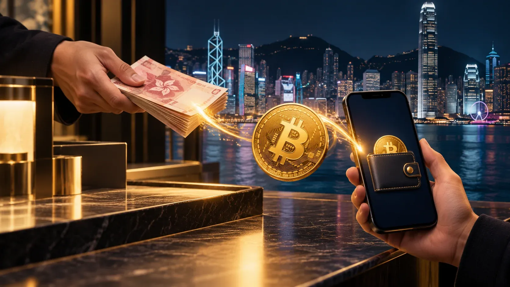 Concept illustration of Bitcoin, a phone wallet and HKD cash