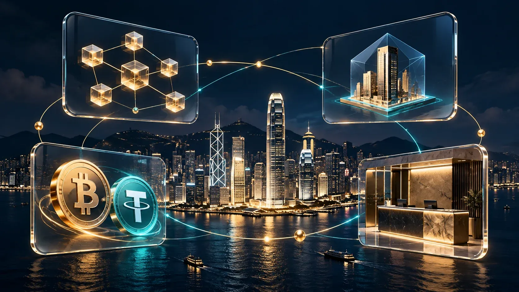 Concept illustration of Hong Kong, blockchain, tokenised assets and an OTC counter