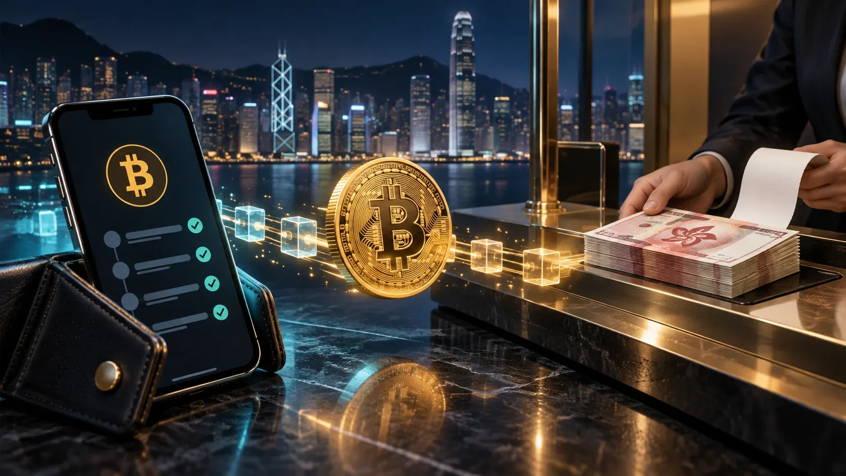 Bitcoin 转换港币现金及交易收据的概念插画