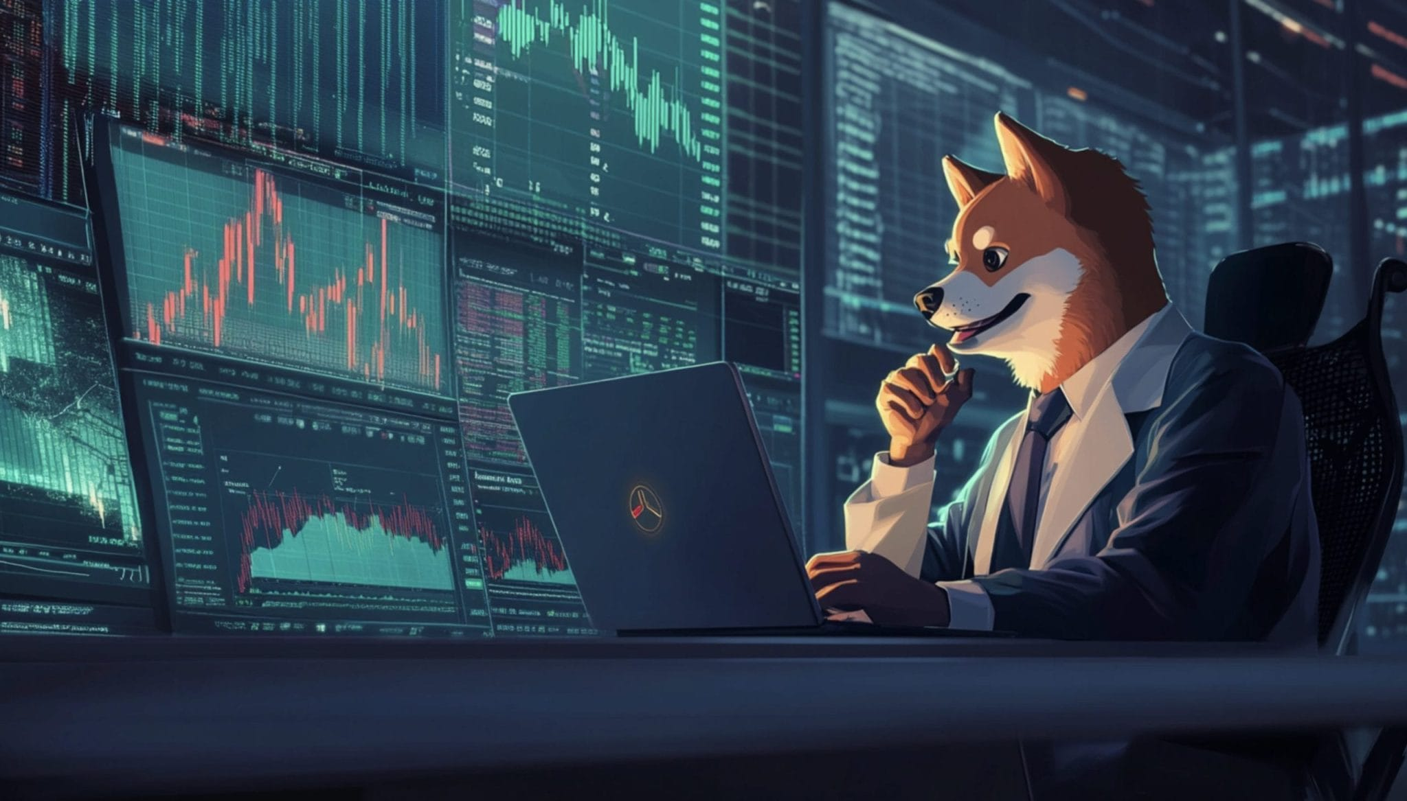 柴犬幣與行情螢幕的概念插畫