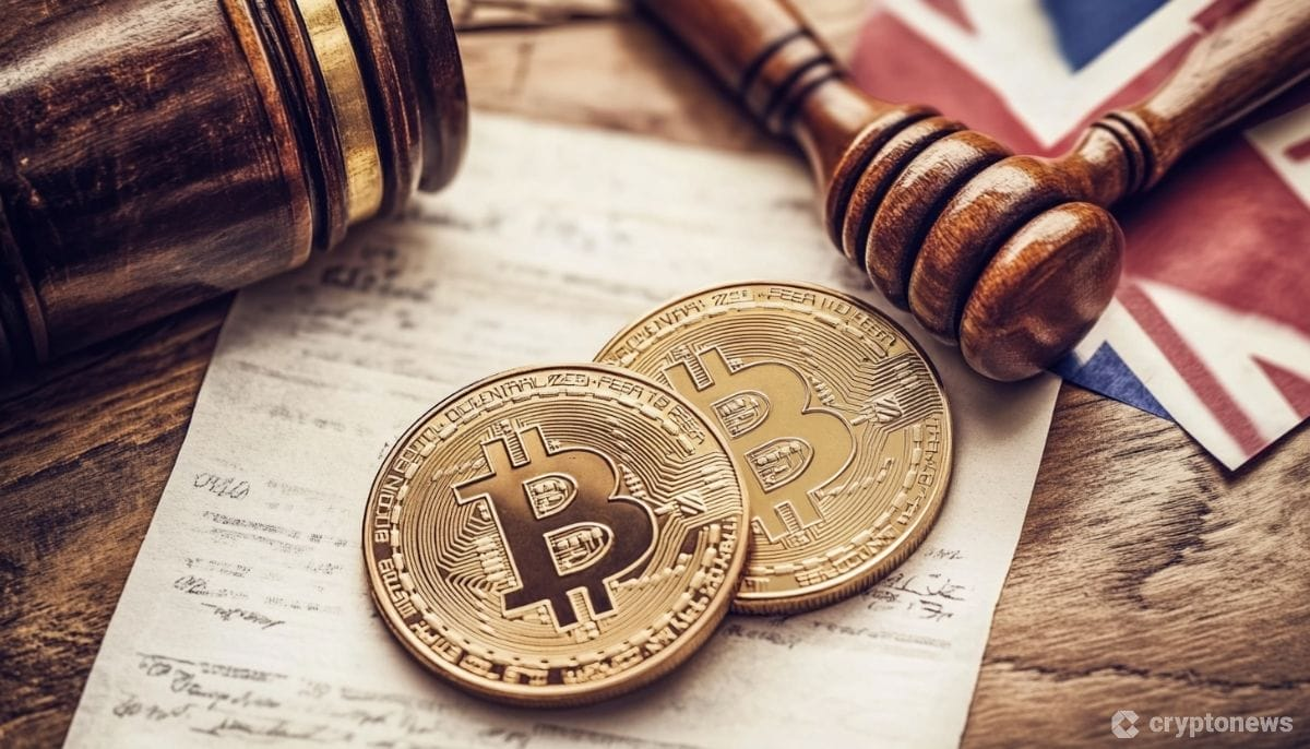 英國國旗、法律槌與 Bitcoin 配圖