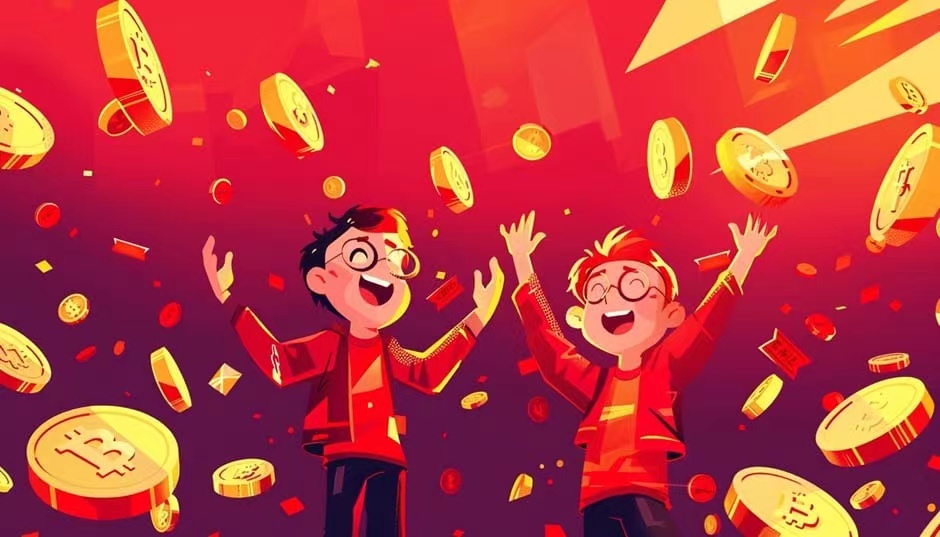 Illustration of two cartoon characters surrounded by gold Bitcoin symbols