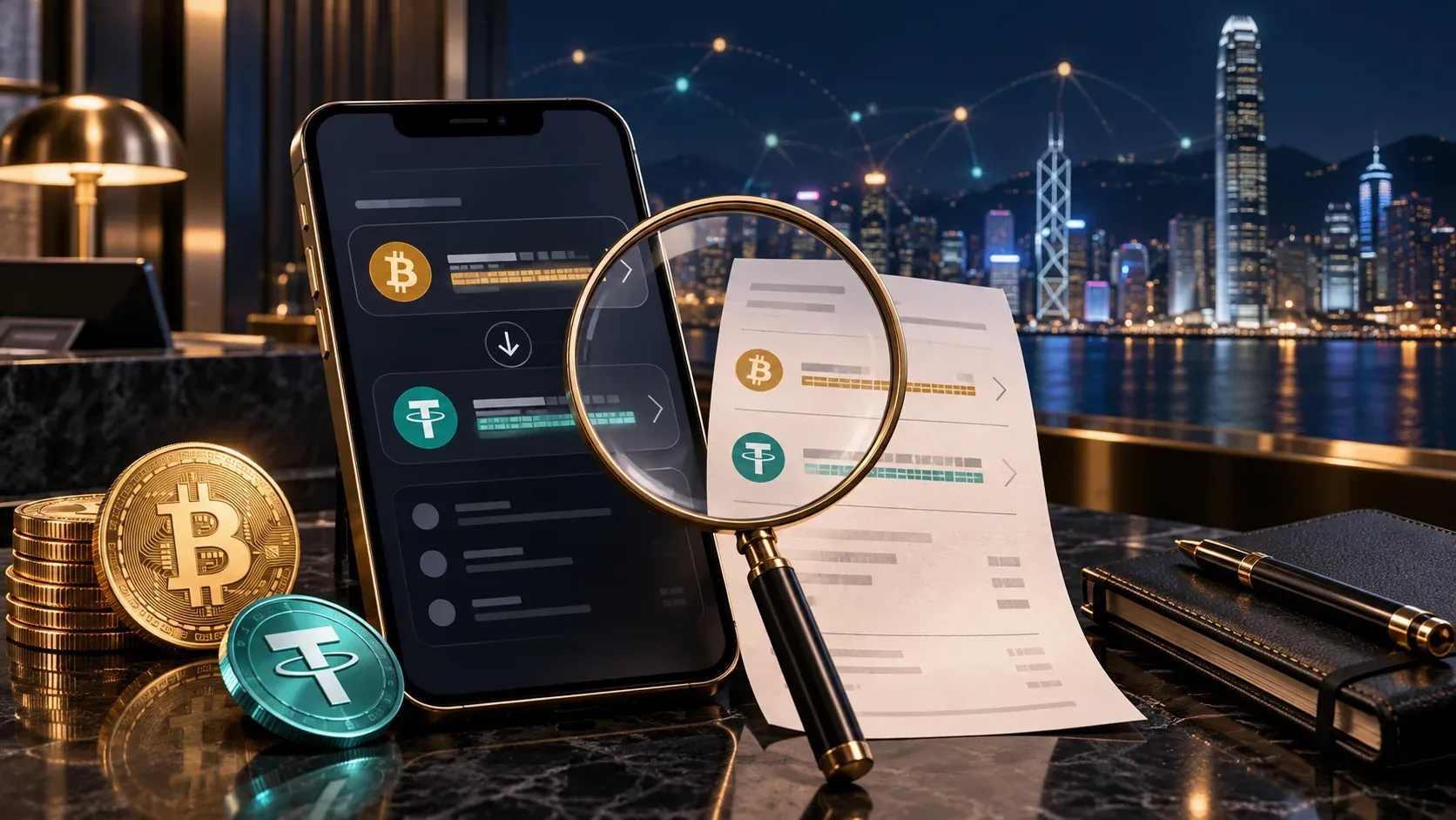 Concept illustration comparing a phone address and transaction receipt with a magnifier