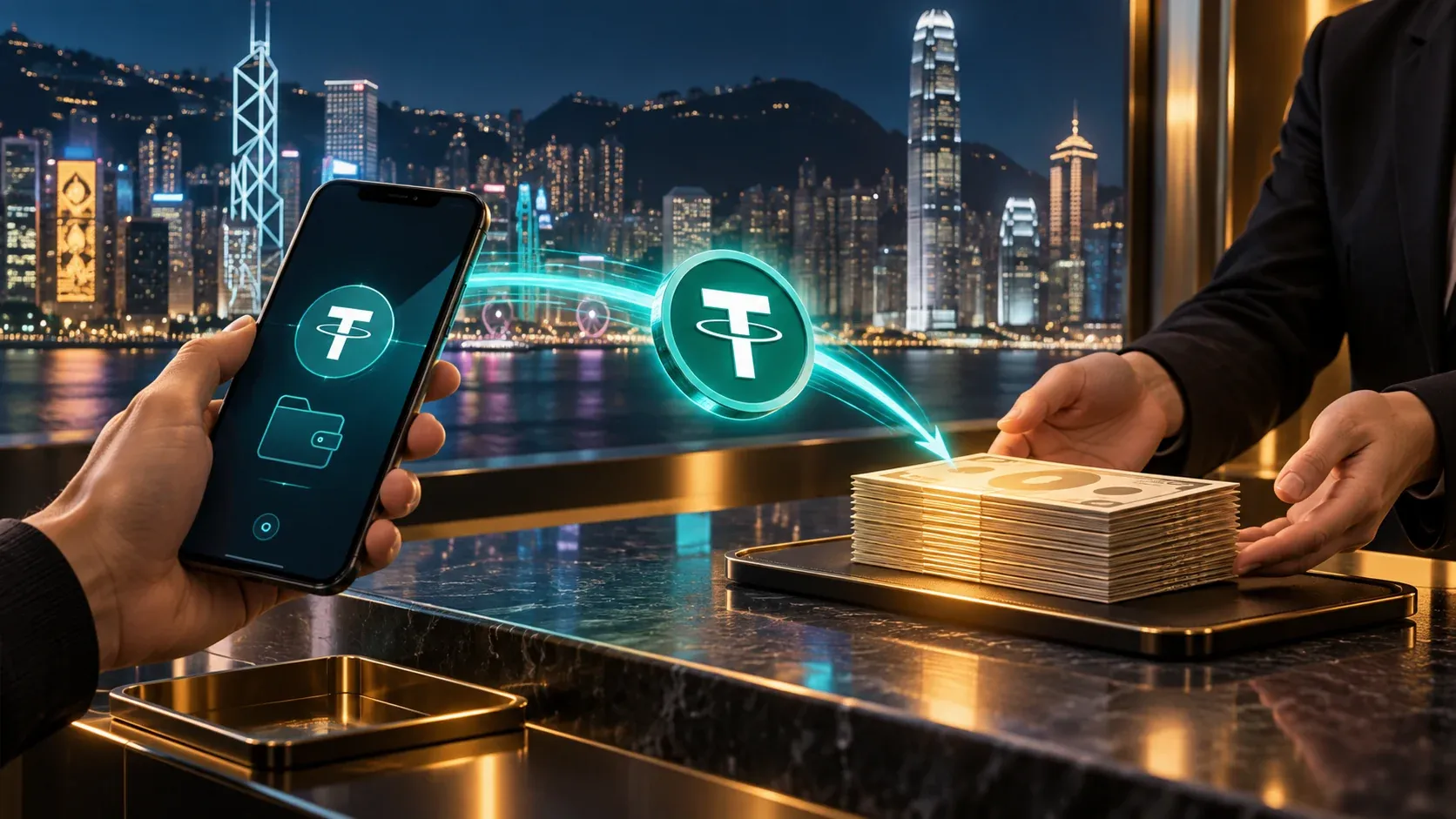 USDT 钱包转换为港币现金的概念插画