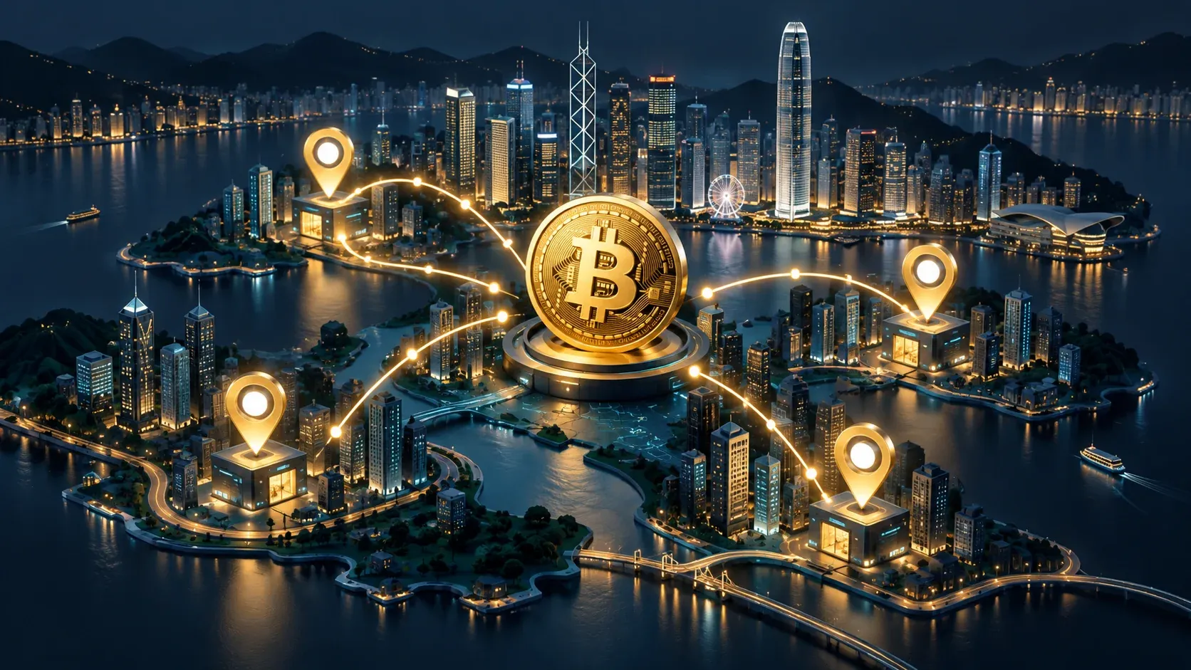Concept illustration of Hong Kong city blocks and four location markers