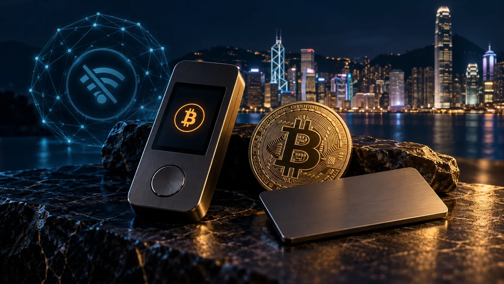 Concept illustration of an unbranded cold wallet, backup card and Bitcoin